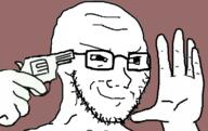 closed_mouth glasses gun hand hands_up pointing smile smug soyjak stubble suicide variant:soyak // 543x343 // 103.6KB