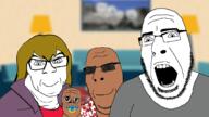 4soyjaks baby brown_skin clothes deformed family female glasses hair mustache open_mouth pacifier redraw smile smug soyjak stubble subvariant:female_feraljak subvariant:jacobson subvariant:nucob sunglasses variant:a24_slowburn_soyjak variant:cobson variant:feraljak yellow_hair // 1784x1005 // 527.2KB