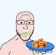 arm baby caca chicken chicken_nuggets food glasses goyslop hand holding_object holding_plate low_quality low_resoluion nuggets open_mouth pacifier plate soyjak stubble transparent_background variant:platejak // 300x296 // 34.8KB