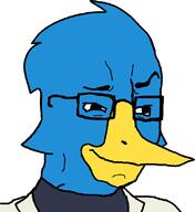 beak berdly_(deltarune) bird blue_skin closed_mouth clothes deltarune glasses raised_eyebrow smile smug soyjak variant:chudjak video_game // 747x816 // 62.6KB