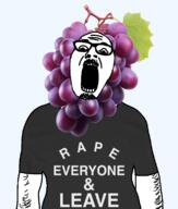 arm beard clothes glasses grape hair looking_down mustache open_mouth rape_everyone_and_leave series:fruiterz! soyjak text tshirt variant:ignatius // 656x775 // 282.2KB