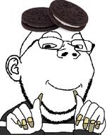 food glasses hand looking_at_you nails oreo smile stubble subvariant:happiz subvariant:wholesome_soyjak sweater variant:gapejak // 572x724 // 109.8KB