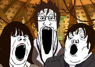 3soyjaks clothes doctor dr_who female glasses hair irl_background makeup open_mouth soyjak stretched_mouth trend:soyjak_trio tv_(4chan) variant:gapejak variant:markiplier_soyjak variant:tony_soprano_soyjak // 828x581 // 377.8KB