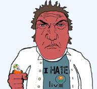 2soyjaks ack angry bald beard blue_shirt brown_hair chester_v closed_mouth cloudy_with_a_chance_of_meatballs dead flint_lockwood glasses green_glasses hair i_hate lab_coat live_corp movie punisher_face red_skin subvariant:science_lover tongue variant:bernd variant:markiplier_soyjak vest white_skin // 1017x935 // 417.0KB