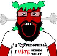 4chan anime arm beard clothes fume glasses green_hair hair heart i_hate i_love open_mouth red_skin skibidi_toilet soyjak subvariant:science_lover text tranny tshirt variant:markiplier_soyjak yotsoyba // 1095x1080 // 301.3KB