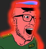 4chan clothes communism fsb glasses glowing glownigger hammer_and_sickle hat mustache open_mouth red red_skin russia soviet_union stubble trend:glowie variant:esam // 443x474 // 131.7KB