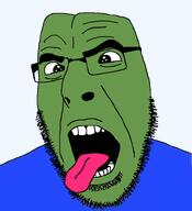 animated cross_eyed ext=gif eyebrows frog fusion glasses green_skin gums ias looking_at_you looking_to_the_left mash_up open_mouth pepe pepe_the_frog soyjak stubble tongue tongue_out transparent transparent_background variant:cobson // 721x789 // 406.4KB