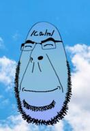 blue_skin calm closed_eyes closed_mouth glasses irl_background sky smile soyjak stubble tattoo text variant:cobson // 275x400 // 112.1KB