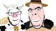 2soyjaks animal bell blue_eyes closed_mouth clothes cow cowboy cowboy_hat friendship glasses hat horn milk no_more_brother_wars nsfw smile soyjak stubble variant:cobson variant:feraljak vile white_skin // 1920x1080 // 240.3KB