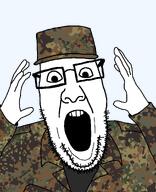 collared_shirt epaulettes flecktarn_pattern glasses hand hands_up larp looking_at_you military military_cap military_uniform soyjak stubble teeth variant:ppp // 1000x1233 // 510.2KB
