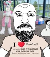 4soyjaks ball_pit beard chud closed_mouth comic_sans dancing_swede freefurall furfag furry fursuit glasses i_love i_would_never impjack jasonafex moustache subvariant:chudjak_front subvariant:science_lover text variant:chudjak variant:impish_soyak_ears variant:markiplier_soyjak // 787x900 // 532.5KB