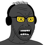 angry glasses grey_skin headphones open_mouth soot soot_colors soyjak soyjak_party stubble variant:stantonson // 1024x1024 // 233.9KB