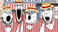 4soyjaks angry barbershop_quartet bowtie clothes glasses hat irl_background open_mouth singing soyjak stubble trend:soyjak_trio variant:cobson variant:gapejak variant:markiplier_soyjak variant:tony_soprano_soyjak // 1277x710 // 539.7KB