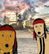 2soyjaks brown_skin capotain gigachad headband native_american open_mouth pilgrim pointing ship soyjak tattoo variant:two_pointing_soyjaks white_skin // 621x680 // 575.8KB