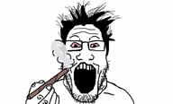 bloodshot_eyes glasses hair hand holding_object open_mouth smoking soyjak stubble variant:markiplier_soyjak weed // 1024x618 // 66.6KB