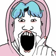 blue_hair bts clothes cross earring hair hand hoodie jungkook kpop open_mouth painted_nails soyjak variant:markiplier_soyjak // 768x768 // 78.9KB