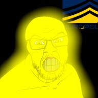 angry black_background clenched_teeth closed_mouth europolice glasses glowing logo looking_at_you mustache soyjak stubble teeth text trend:glowie variant:feraljak yellow_eyes yellow_skin yellow_teeth // 1000x1000 // 129.5KB