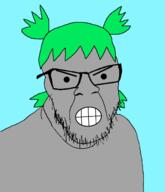 4chan angry anime clenched_teeth closed_mouth glasses green_hair grey_skin hair npc soyjak stubble teeth variant:feraljak yotsoyba // 1400x1630 // 380.0KB