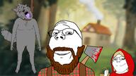 axe basket beard big_bad_wolf blond blood brothers_grimm closed_mouth cottage crying ear fairy_tale flannel forest full_body glasses grey_fur hanging hood house little_red_riding_hood lumberjack open_mouth paw rope smile subvariant:soylita subvariant:wholesome_soyjak tartan tongue tree variant:bernd variant:gapejak wolf // 1920x1080 // 826.0KB