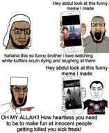 2019 9_11 arab beard bloodshot_eyes brenton_tarrant brown_skin closed_mouth clothes crescent_and_star flag:israel glasses hair hat holding_object islam march march_15 one_piece open_mouth phone pointing scared smile sonnenrad teeth text twin_towers variant:chudjak variant:markiplier_soyjak // 2385x2908 // 838.4KB