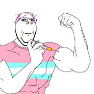 arm buff clothes fist flag glasses hair hand holding_object holding_syringe hrt makeup purple_hair soyjak stubble subvariant:wholesome_soyjak swolesome syringe tranny tshirt variant:gapejak // 2000x2000 // 65.8KB