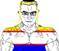 angry blond brown_eyes buff closed_mouth clothes ear flag flag:krymchaks glasses hat judaism kippah krymchaks subvariant:chudjak_front subvariant:muscular_chud turkic variant:chudjak vein yellow_hair // 1059x929 // 73.0KB