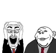 2soyjaks are_you_soying_what_im_soying duo ear glasses hand hands_up multiple_soyjaks nuvariant nuvariants screaming subvariant:gapealien tuxedo variant:cutejak // 866x832 // 86.2KB