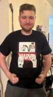 3soyjaks arm clothes glasses hand irl marvel open_mouth pointing soy soyjak soylent stubble tshirt variant:soyak variant:two_pointing_soyjaks // 390x706 // 317.7KB