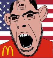 americium amerimutt brown_eyes brown_skin chemistry clothes country ear element flag flag:united_states glasses mcdonalds open_mouth pun soyjak stubble text united_states variant:cobson // 578x632 // 327.6KB
