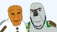 2soyjaks closed_mouth friendship hugging iron iron_golem_(minecraft) looking_at_you minecraft no_more_brother_wars no_pupils pumpkin red_eyes smile snow snow_golem_(minecraft) soyjak stubble unibrow variant:cobson variant:feraljak video_game vine // 2672x1500 // 757.5KB