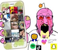 arm badge blood bloodshot_eyes coomer cracked_teeth dirty foaming_at_the_mouth glasses hand heart holding_object holding_phone instagram iphone open_mouth phone pink_skin porn_addiction posted_it_again_award rabies reddit snapchat soyjak spotify stubble subvariant:phoneplier subvariant:phoneplier_vertical trend:slopjak variant:markiplier_soyjak with yellow_teeth 😭 // 2160x1884 // 2.8MB