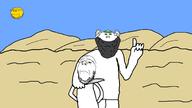 3soyjaks beard beheading closed_mouth crying desert frown glasses headband holding_object islam knife smile soyjak star stubble subvariant:wholesome_soyjak sun teeth variant:gapejak variant:impish_soyak_ears yellow yellow_skin // 2000x1120 // 152.1KB