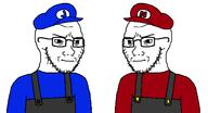 2soyjaks blue_shirt closed_mouth clothes frown glasses hat jake jakparty_soy nate overalls red_shirt smg4 soyjak_party stubble variant:soyak video_game // 666x362 // 26.2KB