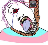 alobar_holoprosencephaly bloodshot_eyes brain crying cyclops dead deformed flag glasses hair hanging mustache open_mouth proboscis purple_hair rope soyjak stubble suicide tongue tranny variant:bernd yellow_teeth // 768x727 // 71.8KB