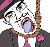 ack barneyfag bloodshot_eyes clothes crying don_turtelli ear hanging hat mustache necktie open_mouth soyjak subvariant:patrick suicide suit tongue variant:chudjak yellow_teeth // 768x719 // 343.6KB