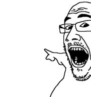 arm glasses mustache open_mouth pointing soyjak stubble variant:markiplier_pointing_soyjak // 425x450 // 6.6KB