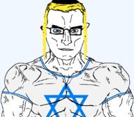 blond blue_eyes buff closed_mouth clothes country ear flag glasses hat israel jewaryan judaism kippah soyjak star_of_david subvariant:chudjak_front subvariant:muscular_chud trend:aryan variant:chudjak vein yellow_hair // 1059x929 // 46.2KB