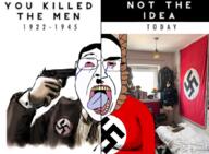 1922 1945 2soyjaks adolf_hitler anhero bed bedroom blood bloodshot_eyes clothes crying flag flag:nazi_germany glasses gun gynaecomastia hanging mustache nazi_germany nazism open_mouth poster rope soyjak subvariant:patrick suicide suit swastika text tongue variant:bernd variant:chudjak window // 1033x759 // 852.3KB