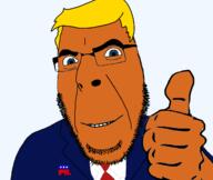 blue_eyes clothes donald_trump eyes_like_the_o-o-cean glasses orange_skin republican shocked smile suit thumbs_up variant:cobson yellow_hair // 1281x1080 // 239.4KB