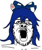 anime female glasses hair mustache open_mouth soyjak stubble touhou variant:a24_slowburn_soyjak video_game yorigami_shion // 646x761 // 57.7KB