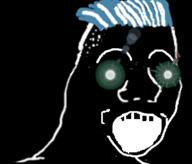 black_skin blue_hair glowing glowing_eyes hair inverted open_mouth soyjak thougher variant:zoomer // 461x394 // 96.1KB