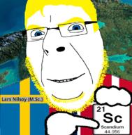 alternate blue_eyes chemistry country denmark element flag flag:denmark flag:norway flag:sweden glasses hair hand holding_object irl_background looking_at_you norway pointing pun scandinavia scandium smile soyjak stubble sweden text trend:aryan variant:cobson yellow_hair // 776x790 // 447.2KB