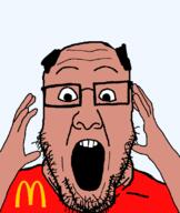 amerimutt glasses hair hand hands_up mcdonalds red_shirt stubble subvariant:ppplier variant:markiplier_soyjak variant:ppp // 673x800 // 48.1KB