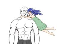 anime arm blue_hair blush buff closed_eyes closed_mouth clothes dress furude_rika glasses higurashi holding_object hugging jump love open_mouth smile smirk smug soyjak stubble underpants variant:soyak video_game // 2654x2038 // 532.0KB