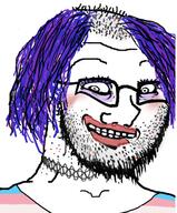 acne choker crazed glasses makeup purple_hair smile smirk smug soyjak stubble subvariant:crazed_troonjak subvariant:soyak_(crazed) tranny variant:soyak // 529x637 // 372.4KB