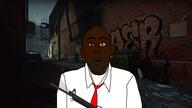 background bald beard black_skin clothes ear graffiti left_4_dead_(series) left_4_dead_1 louis_(left_4_dead) necktie open_mouth soyjak stubble thick_eyebrows valve variant:nojak video_game weapon // 1920x1080 // 2.6MB