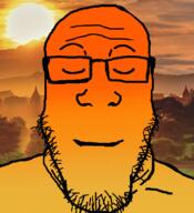 bald closed_eyes closed_mouth earless fog forehead_lines forehead_wrinkles forest glasses irl_background mountain orange_skin sky smile soyjak stubble sun sunrise sunset tree variant:markiplier_soyjak warm // 600x659 // 392.1KB
