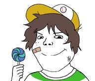 bandage brimstone brown_hair cap closed_mouth clothes hair hand hat holding_lollipop holding_object lollipop shota smile soyjak subvariant:shoyta variant:gapejak // 1012x861 // 24.2KB