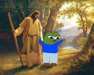 amphibian blue_shirt christ_is_lord christianity frog green_skin grey_pants jesus jesus_christ mountain nas:pepe pepe_the_frog picture river smile subnas:apu tree // 720x576 // 102.3KB