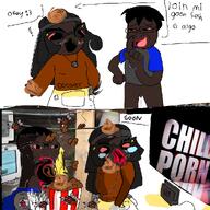 'p arm blackface cord cum dogshit full_body glasses goon gooning hair hand jakparty_soy jartycuck jartyfly leg masturbation nintendo nintendo_switch penis piss poop stink_lines stubble subvariant:jartycuck television torso variant:chudjak variant:soyak variant:soytan video_game // 1000x1000 // 713.3KB